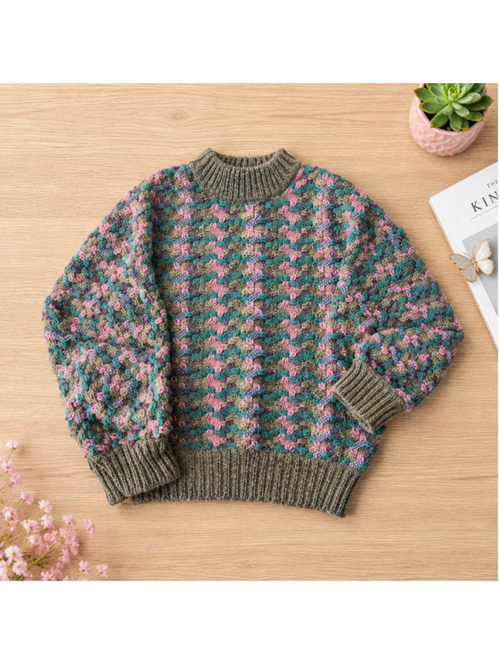 • Vintage 1980s Hand Knit Pure Wool Geometric Sweater | Thick Cozycore Retro - Picture 2 of 10